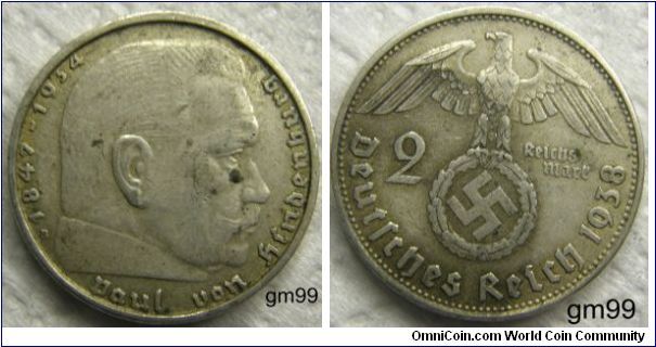 German Third Reich: 2 Reichsmark (1936-1939) Swastika-Hindenburg 1938. 0.635 Silver
