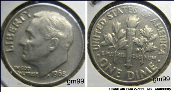 Franklin Delano Roosevelt dime,1968,Mintmark: None (for Philadelphia, PA) above the date