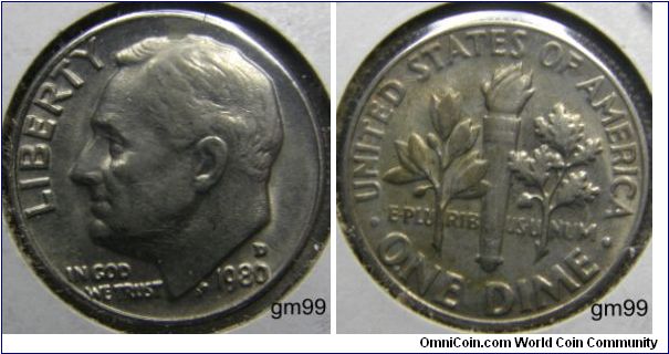 Franklin Delano Roosevelt DIME,1980D Mintmark: D (for Denver, CO) above the date