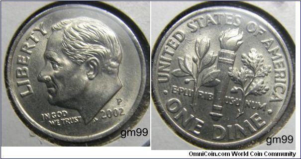 2002P Franklin Delano Roosevelt Dime,Mintmark: P (for Philadelphia, PA) above the date