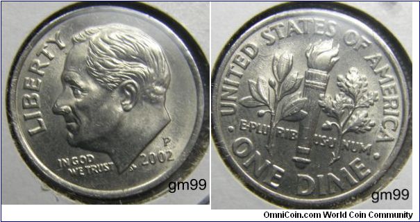 2002P Franklin Delano Roosevelt Dime,Mintmark: P (for Philadelphia, PA) above the date