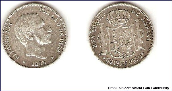 Spanish colonial
50 centavos de peso
Alfonso XII