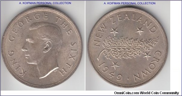 KM-22, 1949 New Zealand crown; silver, reeded edge; very nice uncirculated specimen starting to tone, proposed Royal visit.