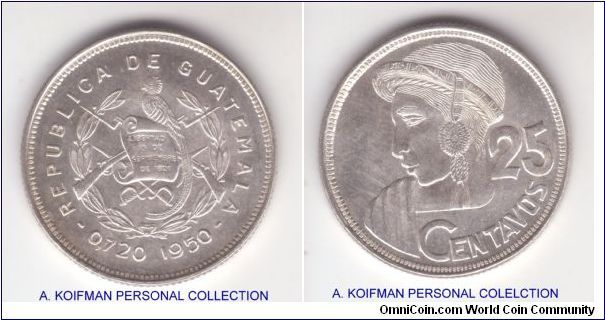 KM-258, Guatemala 1950 25 centavos; silver, reeded edge; really nice above average uncirculated specimen, mintage 81,000