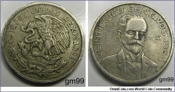 National arms ,eagle left. Bust 3/4 facing.
25 Centavos (1964-1966)