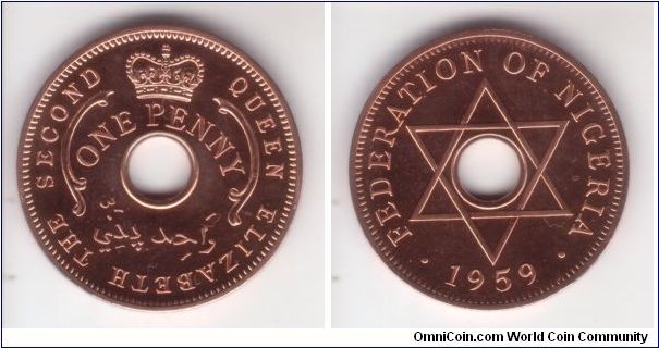 KM-2, Nigeria 1959 proof penny looks cameo, very nice indeed; plain edge