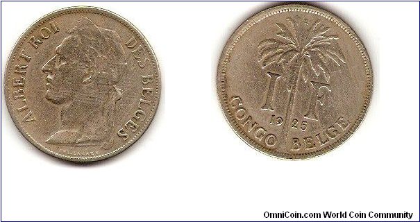 Belgian Congo
1 franc
Albert I
French version