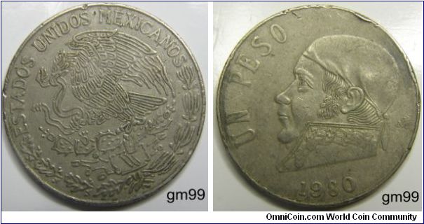 1 Peso, Obverse: Eagle standing left on cactus, snake in beak,
ESTADOS UNIDOS MEXICANOS
Reverse: Jose Morelos y Pavon wearing kerchief on head left,
 UN PESO date