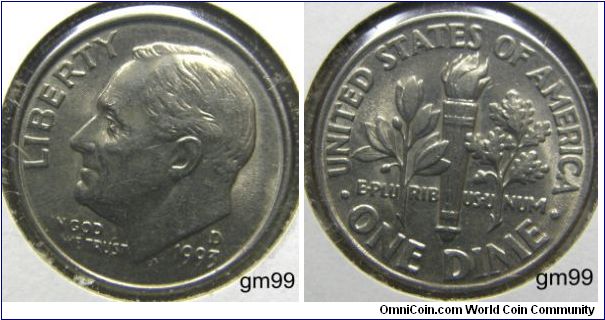 Franklin Delano Roosevelt DIME 1993D, Mintmark: D (for Denver, CO) above the date