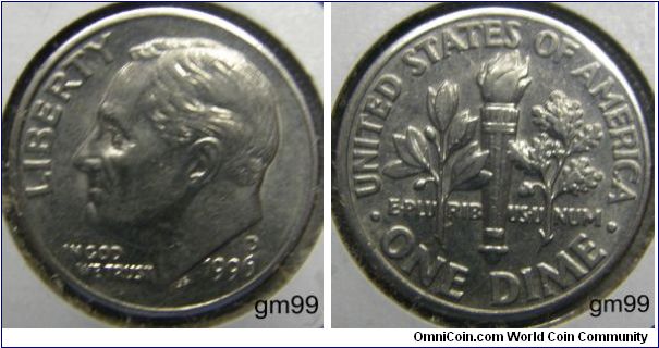 1996D,Mintmark: D (for Denver, CO) above the date. Franklin Delano Roosevelt DIME