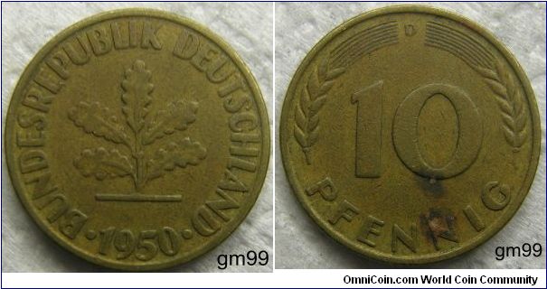 10 Pfennig Obverse; Plant with 5 leaves,
BUNDESREPUBLIK DEUTSCHLAND date
Reverse; Stalks either side of value,
10 PFENNIG