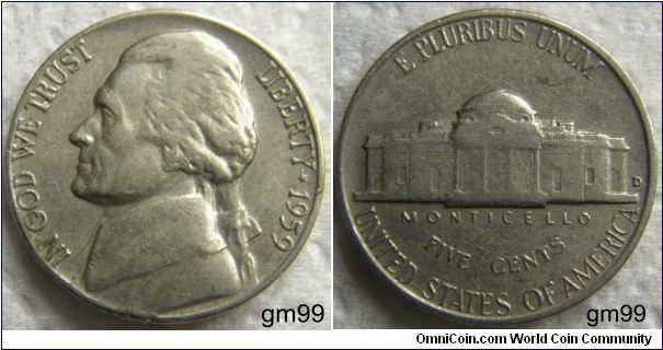 THOMAS JEFFERSON FIVE CENTS, 1959D, Mintmark: D (for Denver) to the right of the building on the reverse