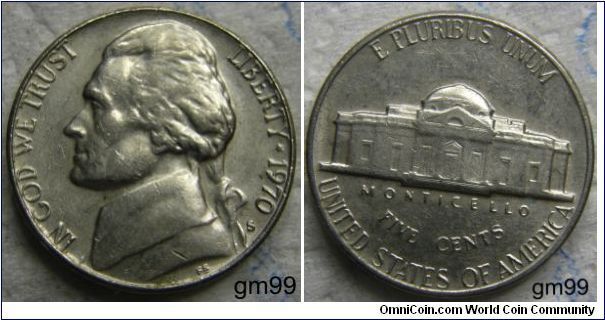 This one came from Circulation Mintage:
Circulation strikes: 0
Proofs: 2,632,810.
FULL HEAD OF HAIR OBVERSE, FULL STEPS REVERSE.THOMAS JEFFERSON NICKEL, 5 CENTS,1970S.Mintmark: Small S (for San Francisco, California) below the date on the obverse.