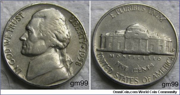 THOMAS JEFFERSON FIVE CENTS,1958 D, Mintmark: D (for Denver) to the right of the building on the reverse