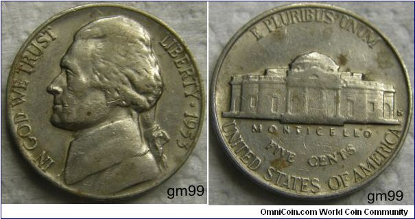 THOMAS JEFFERSON NICKEL, 1953S,Mintmark: S (for San Francisco) to the right of the building on the reverse