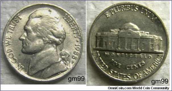 THOMAS JEFFERSON FIVE CENTS,1988P,Mintmark: Small P (for Philadelphia) below the date on the obverse