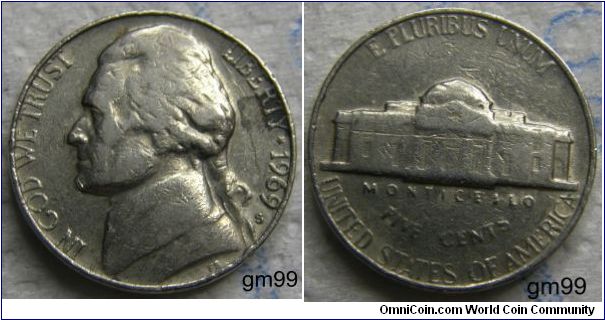 THOMAS JEFFERSON FIVE CENTS. 1969S,
Mintmark: Small S (for San Francisco, California) below the date on the obverse