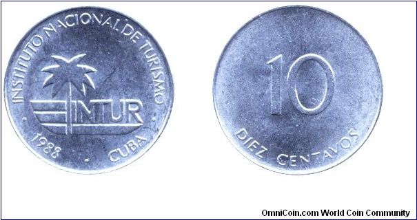 Cuba, 10 centavos, 1988, Al, Intur.                                                                                                                                                                                                                                                                                                                                                                                                                                                                                 