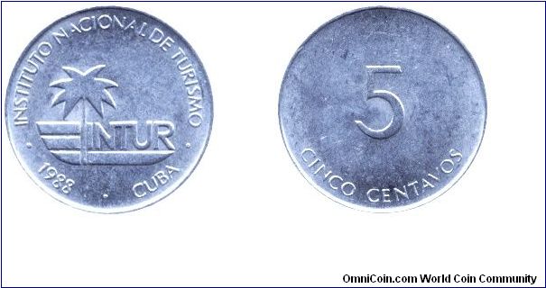 Cuba, 5 centavos, 1988, Al, Intur.                                                                                                                                                                                                                                                                                                                                                                                                                                                                                  