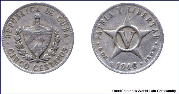 Cuba, 5 centavos, 1946, Cu-Ni, Patria y Libertad.                                                                                                                                                                                                                                                                                                                                                                                                                                                                   