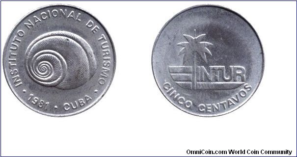 Cuba, 5 centavos, 1981, Cu-Ni, no digit, Snail.                                                                                                                                                                                                                                                                                                                                                                                                                                                                     