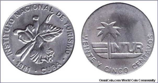 Cuba, 25 centavos, 1981, Cu-Ni, no digit, Orchid, Intur.                                                                                                                                                                                                                                                                                                                                                                                                                                                            