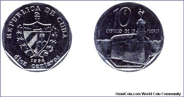 Cuba, 10 centavos, 1994, Cu-Ni, Castillo de la Flerza.                                                                                                                                                                                                                                                                                                                                                                                                                                                              