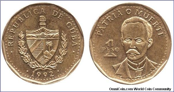 Cuba, 1 peso, 1992, Brass-Steel, Patria o Muerte, Jose Marti; Republica de Cuba.                                                                                                                                                                                                                                                                                                                                                                                                                                    