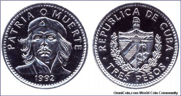 Cuba, 3 pesos, 1992, Ni-Steel, Patria o Muerte, Ernesto Che Guevara; Republica de Cuba.                                                                                                                                                                                                                                                                                                                                                                                                                             