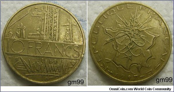 10 Francs,OBVERSE:
Industrial scene with value across,
 10 FRANCS. REVERSE:Outline of France behind monogram,
REPUBLIQUE FRANCAISE date