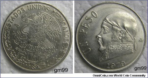 THIN DATE.1 Peso OBVERSE: Eagle standing left on cactus, snake in beak,
ESTADOS UNIDOS MEXICANOS
REVERSE: Jose Morelos y Pavon wearing kerchief on head left,
 UN PESO date