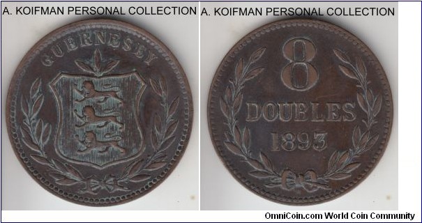 KM-7, 1893 Guernsey 8 doubles, Heaton mint (H mint mark); bronze, plain edge; this is a large date and denomination, very fine or about condition, whitish wash on it.
