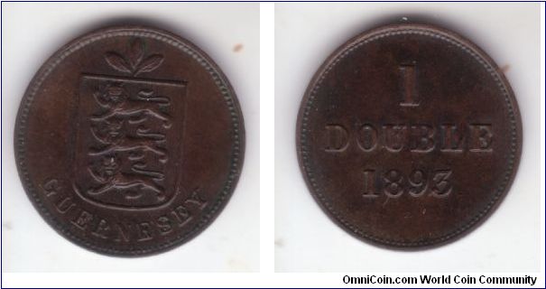 KM-10, 1893 Guernesey double, Heaton mint; one stem; extra fine for wear but may have been cleaned in the past; mintage 56,000.