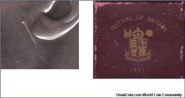 Details of the below KM-880 GB51C. Left is a strike through area under King's ear; the form and the depth of it plus a lack of any aereal scratches (there are a couple elsewhere on the crown) indicates a foreign object, most likely a wire off the brush used to clean dies. Right picture is of the box, tattered as usual.