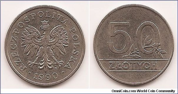 50 Zlotych
Y#216
6.8000 g., Copper-Nickel, 26 mm. Obv: Crowned eagle with
wings open, date below Rev: Value with sprig in 0
