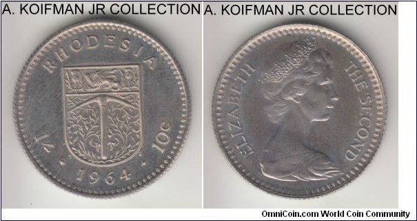 KM-4, 1964 Rhodesia 25 cents (2 1/2 shillings); proof, copper-nickel, reeded edge; Elizabeth II, transitional coinage, one year type, mintage 2,060 in proof sets, toned proof in original SAM mint set of issue.