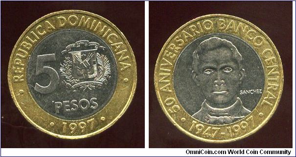 5 Pesos
50th Anniversary Central Bank
Value & Coat of Arms
Sanchez