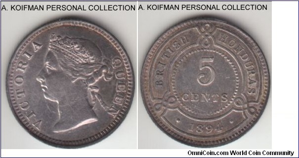 KM-7, 1894 British Honduras 5 cents; silver, reeded edge; dark toned, possibly artificially, about uncirculated details, but cleaned with some hairlines.