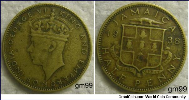King George VI, King and Emperor of India, Reverse:Alligator on arms, shield with cross and five pineapples,
 JAMAICA date Half PENNY