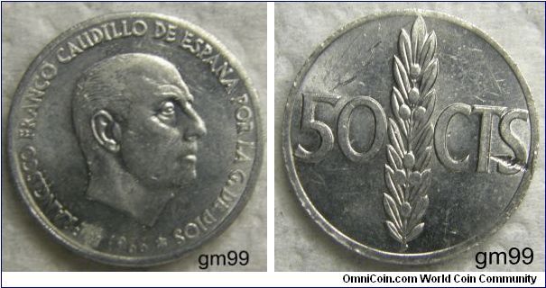 50 Centimos, Obverse: Head of Franco right,
FRANCISCO FRANCO CAUDILLO DE ESPANA POR LA G DE DIOS 1966 (date on stars (68)left and right of 1966)
Reverse: Value divided by single stalk, with sets of three berries on it, 50 CTS