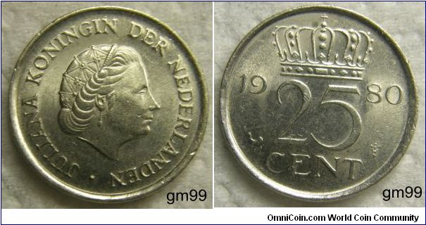 25 Cents (Nickel) : 1950-1980
Obverse: Queen Juliana right,
 JULIANA KONINGIN DER NEDERLANDEN
Reverse: Crown over legend,
 date 25 CENT