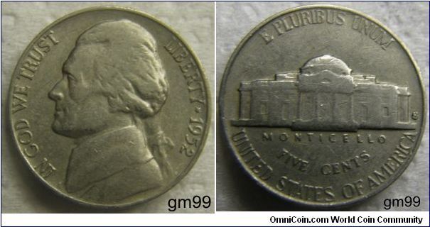 THOMAS JEFFERSON NICKEL, 5 CENTS, 1952S,Mintmark: S (for San Francisco) to the right of the building on the reverse