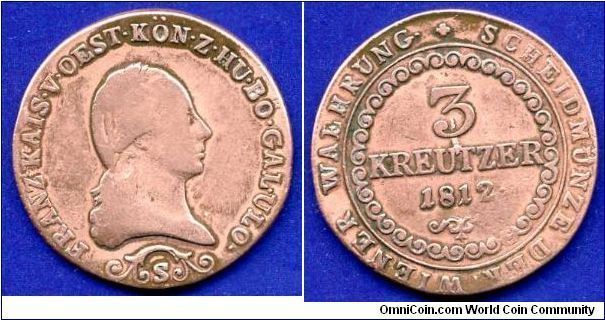 3 kreuzer.
Francisk I (1806-1835).
Austrian empire.
(S)Shmollnitz mint.


Cu.