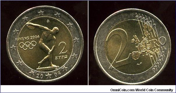 2 euros
Summer Olympics in Athens
Statue of  athlete throwing discus & olympic rings
Map of the community