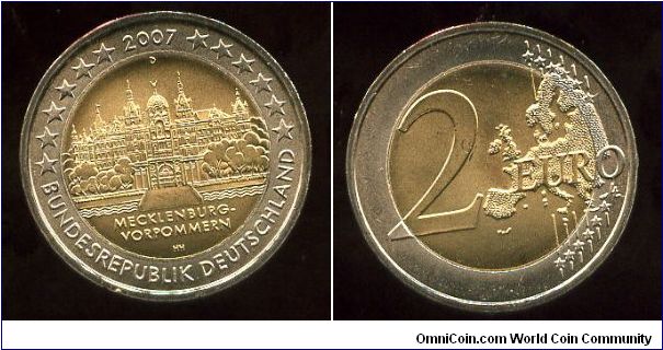 2 euros
German State issue Mecklenburg-Vorpommern
Schwerin Castle 
Map of the community