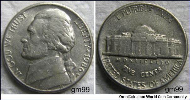 OBVERSE HAS HEAD OF HAIR AND REVERSE HAS FULL STEPS. THOMAS JEFFERSON NICKEL, 5 CENTS. 1986P,Mintmark: Small P (for Philadelphia) below the date on the obverse