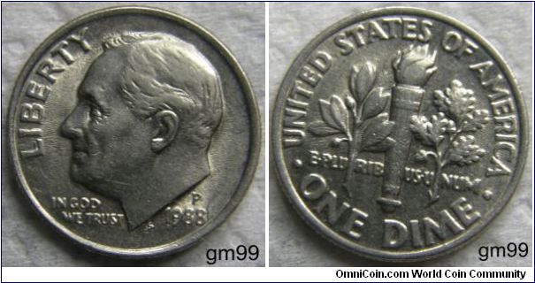 Franklin Delano Roosevelt DIME, 10 CENTS. 1988P,Mintmark: P (for Philadelphia, PA) above the date. THIS IS DDO , LIBERTY AND THE DATE ALSO IN GOD WE TRUST.