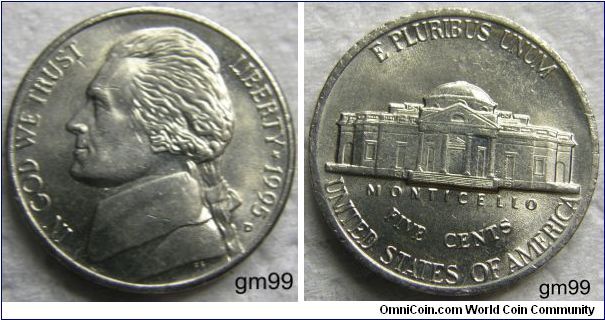 THOMAS JEFFERSON NICKEL, 5 CENTS, 1995D,Mintmark: Small D (for Denver, Colorado) below the date on the lower right obverse