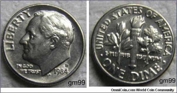 Franklin Delano Roosevelt DIME,10 CENTS. 1984D,Mintmark: D (for Denver, CO) above the date