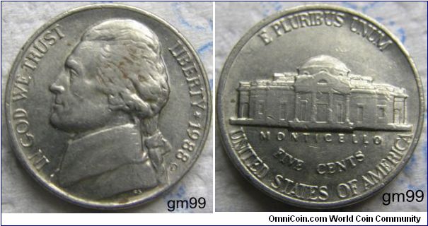 THOMAS JEFFERSON NICKEL,5 CENTS.
1988D,Mintmark: Small D (for Denver, Colorado) below the date on the lower right obverse.